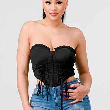 Luxe sweetheart ruffled drawstring lace bustier top